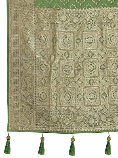 MANOHARI Banarasi Silk Blend Jacquard Work Saree - Green