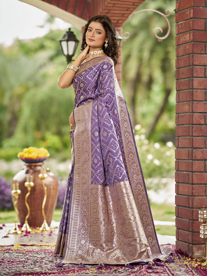 MANOHARI Banarasi Silk Blend Jacquard Work Saree - Purple