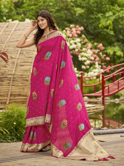 MANOHARI Banarasi Silk Blend Jacquard Work Saree - Pink