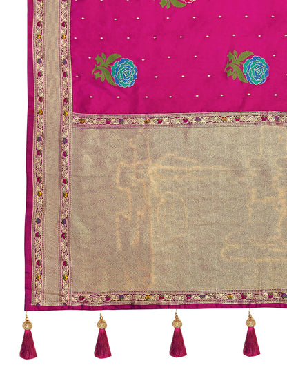 MANOHARI Banarasi Silk Blend Jacquard Work Saree - Pink