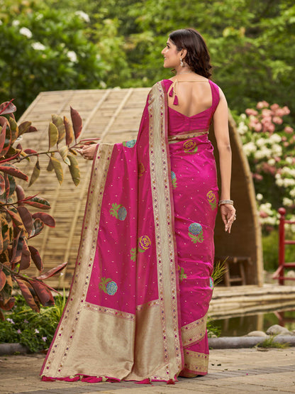 MANOHARI Banarasi Silk Blend Jacquard Work Saree - Pink