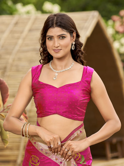 MANOHARI Banarasi Silk Blend Jacquard Work Saree - Pink