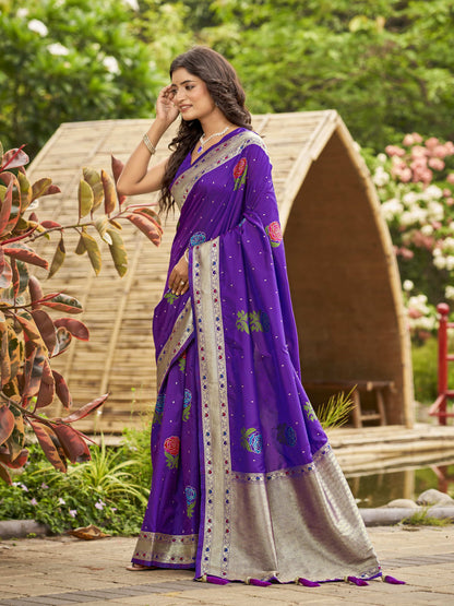 MANOHARI Banarasi Silk Blend Jacquard Work Saree - Purple