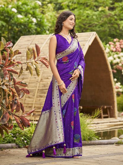 MANOHARI Banarasi Silk Blend Jacquard Work Saree - Purple