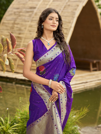 MANOHARI Banarasi Silk Blend Jacquard Work Saree - Purple