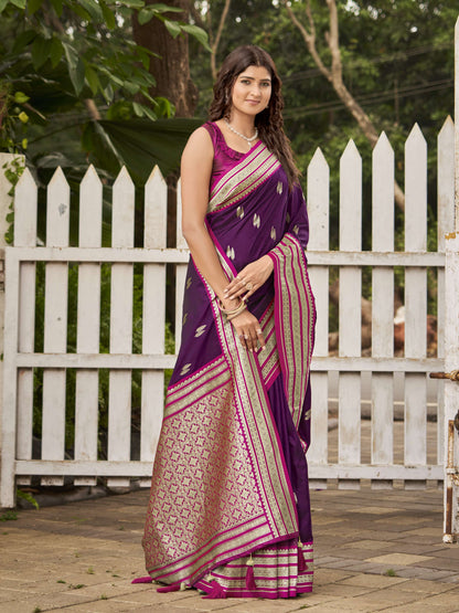 MANOHARI Banarasi Silk Blend Jacquard Work Saree - Purple