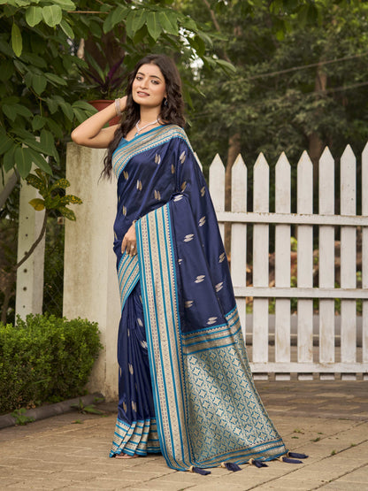 MANOHARI Banarasi Silk Blend Jacquard Work Saree - Blue