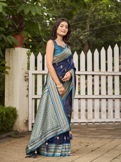 MANOHARI Banarasi Silk Blend Jacquard Work Saree - Blue