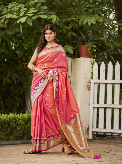 MANOHARI Banarasi Silk Blend Jacquard Work Saree - Orange
