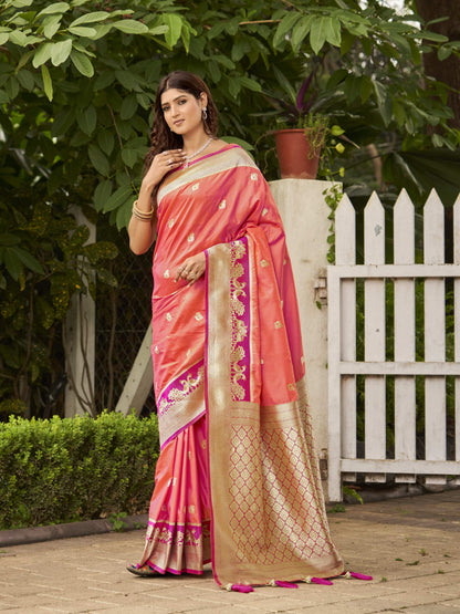 MANOHARI Banarasi Silk Blend Jacquard Work Saree - Orange
