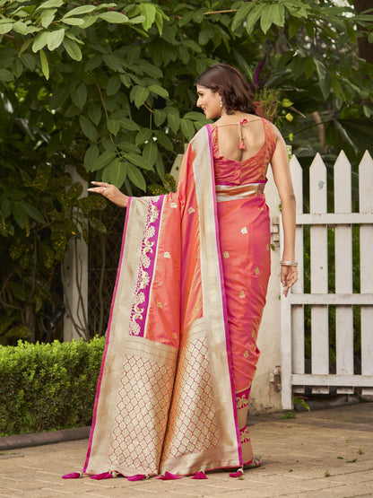 MANOHARI Banarasi Silk Blend Jacquard Work Saree - Orange