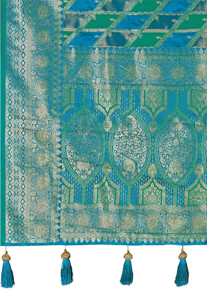 MANOHARI Banarasi Silk Blend Jacquard Work Saree - Turquoise