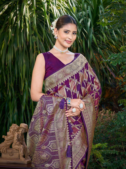 MANOHARI Banarasi Silk Blend Jacquard Work Saree - Purple
