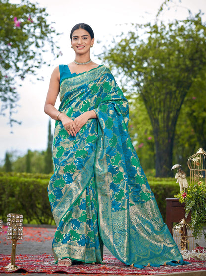 MANOHARI Banarasi Silk Blend Jacquard Work Saree - Turquoise