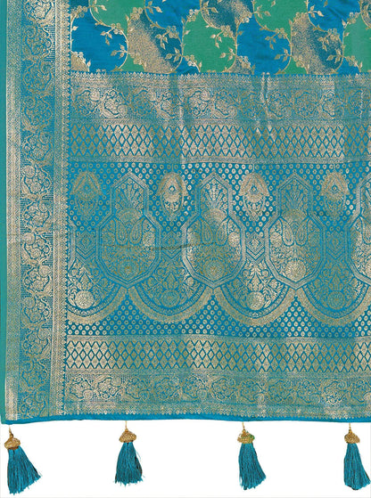 MANOHARI Banarasi Silk Blend Jacquard Work Saree - Turquoise