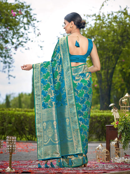 MANOHARI Banarasi Silk Blend Jacquard Work Saree - Turquoise