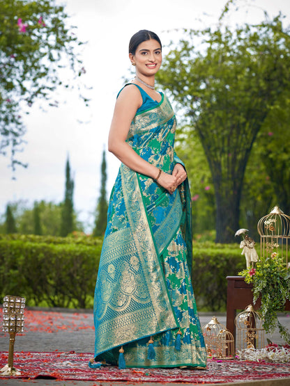 MANOHARI Banarasi Silk Blend Jacquard Work Saree - Turquoise