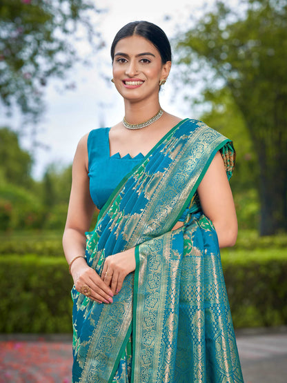 MANOHARI Banarasi Silk Blend Jacquard Work Saree - Turquoise