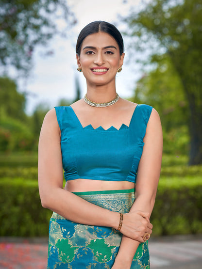 MANOHARI Banarasi Silk Blend Jacquard Work Saree - Turquoise