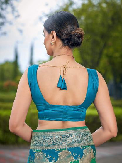 MANOHARI Banarasi Silk Blend Jacquard Work Saree - Turquoise