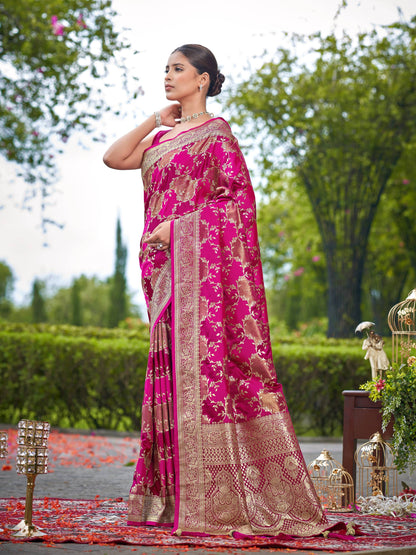 MANOHARI Banarasi Silk Blend Jacquard Work Saree - Pink