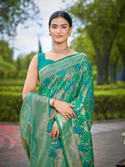 MANOHARI Banarasi Silk Blend Jacquard Work Saree - Green