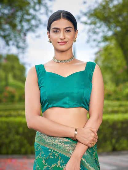MANOHARI Banarasi Silk Blend Jacquard Work Saree - Green
