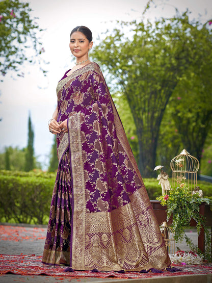 MANOHARI Banarasi Silk Blend Jacquard Work Saree - Purple