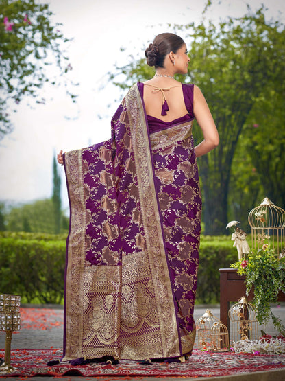 MANOHARI Banarasi Silk Blend Jacquard Work Saree - Purple