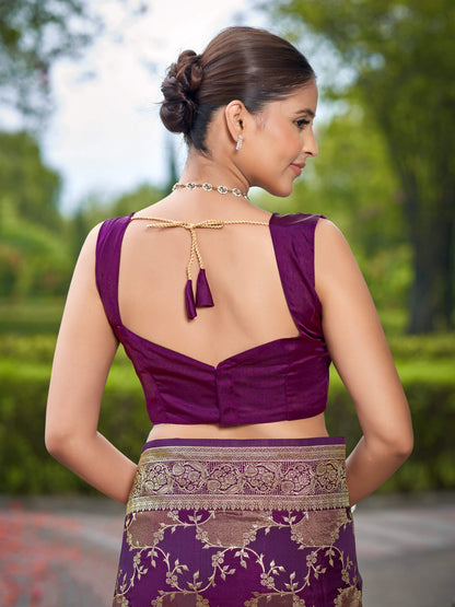 MANOHARI Banarasi Silk Blend Jacquard Work Saree - Purple