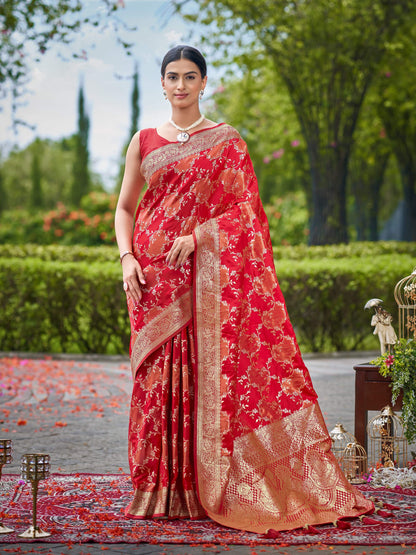 MANOHARI Banarasi Silk Blend Jacquard Work Saree - Red