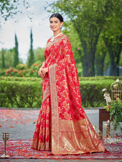 MANOHARI Banarasi Silk Blend Jacquard Work Saree - Red