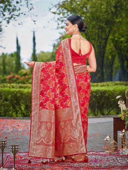 MANOHARI Banarasi Silk Blend Jacquard Work Saree - Red
