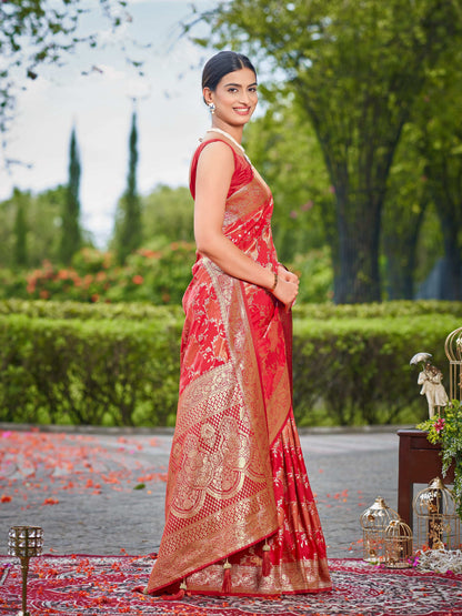 MANOHARI Banarasi Silk Blend Jacquard Work Saree - Red
