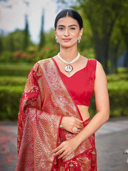 MANOHARI Banarasi Silk Blend Jacquard Work Saree - Red