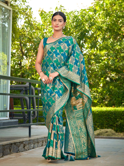MANOHARI Banarasi Silk Blend Jacquard Work Saree - Turquoise