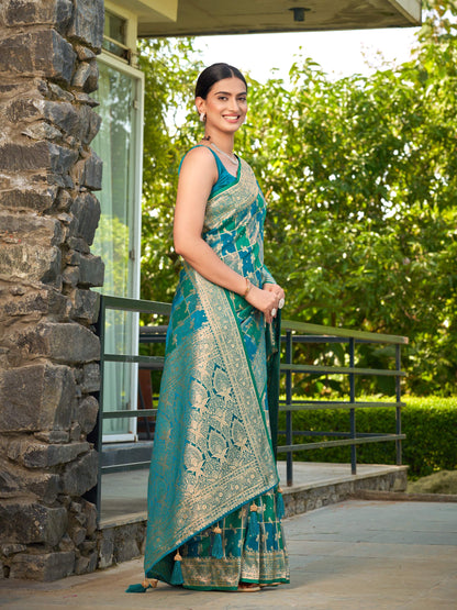 MANOHARI Banarasi Silk Blend Jacquard Work Saree - Turquoise