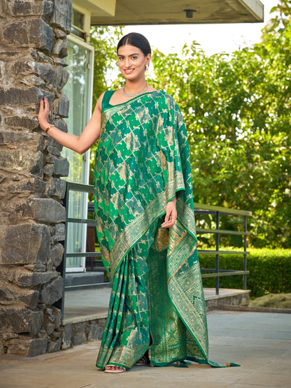MANOHARI Banarasi Silk Blend Jacquard Work Saree - Green