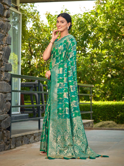 MANOHARI Banarasi Silk Blend Jacquard Work Saree - Green