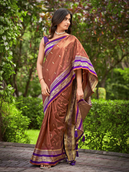 MANOHARI Banarasi Silk Blend Jacquard Work Saree - Brown