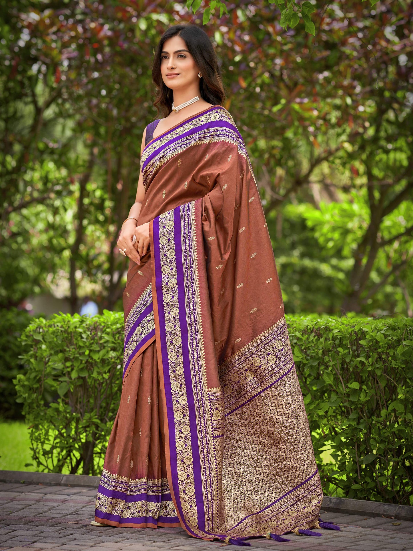 MANOHARI Banarasi Silk Blend Jacquard Work Saree - Brown