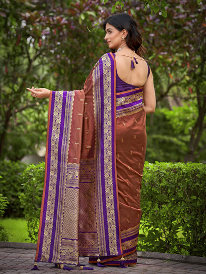 MANOHARI Banarasi Silk Blend Jacquard Work Saree - Brown