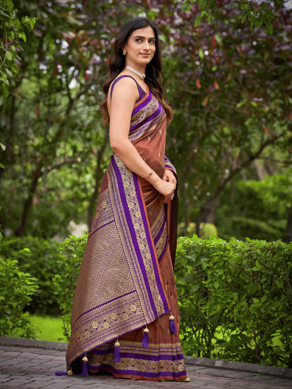 MANOHARI Banarasi Silk Blend Jacquard Work Saree - Brown