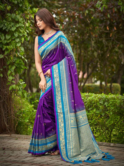 MANOHARI Banarasi Silk Blend Jacquard Work Saree - Purple
