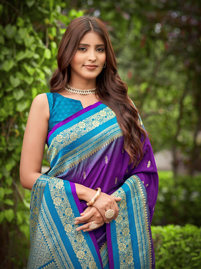 MANOHARI Banarasi Silk Blend Jacquard Work Saree - Purple