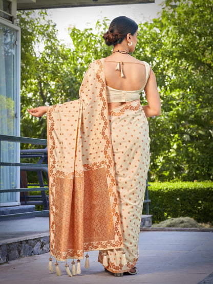 MANOHARI Banarasi Silk Blend Jacquard Work Saree - Beige