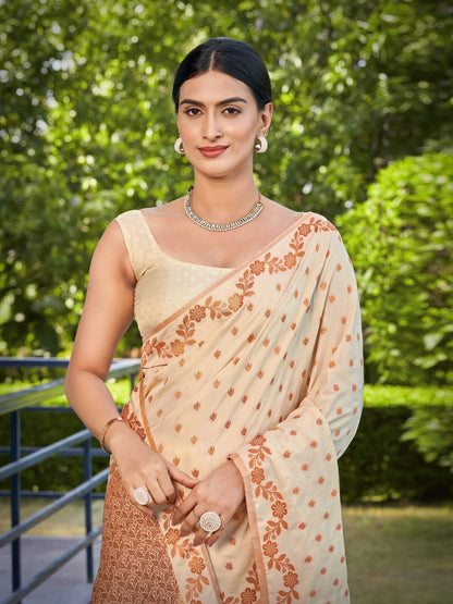 MANOHARI Banarasi Silk Blend Jacquard Work Saree - Beige