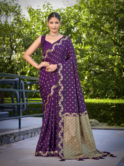 MANOHARI Banarasi Silk Blend Jacquard Work Saree - Purple