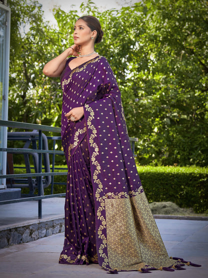 MANOHARI Banarasi Silk Blend Jacquard Work Saree - Purple