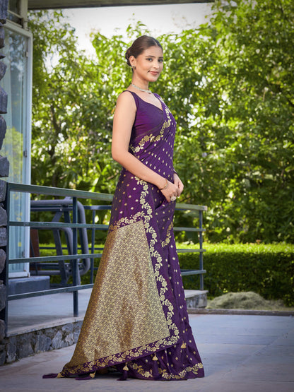 MANOHARI Banarasi Silk Blend Jacquard Work Saree - Purple